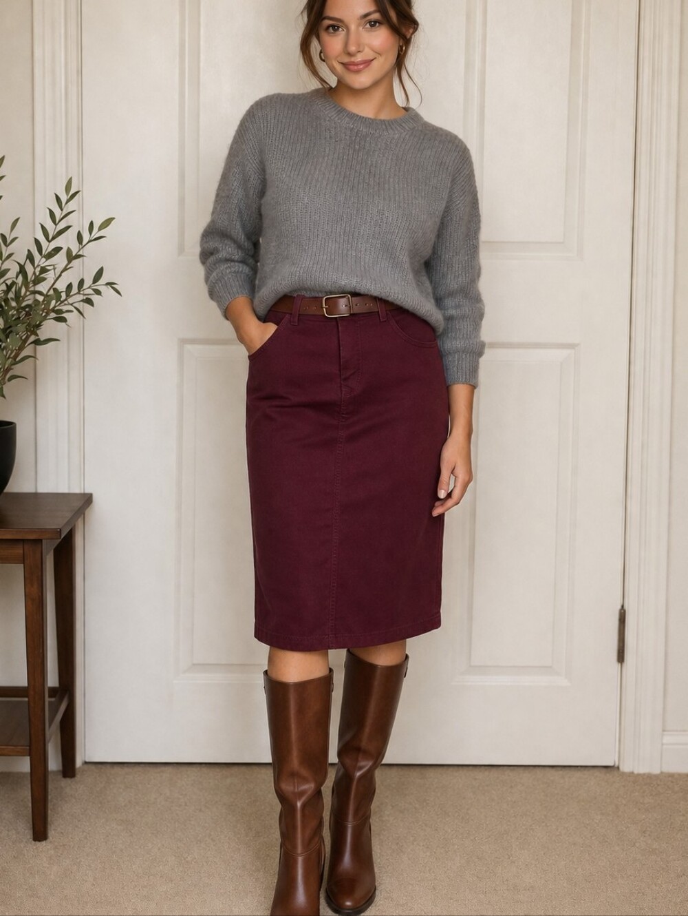 Women's Burgundy Straight Stretch Skirt, 6